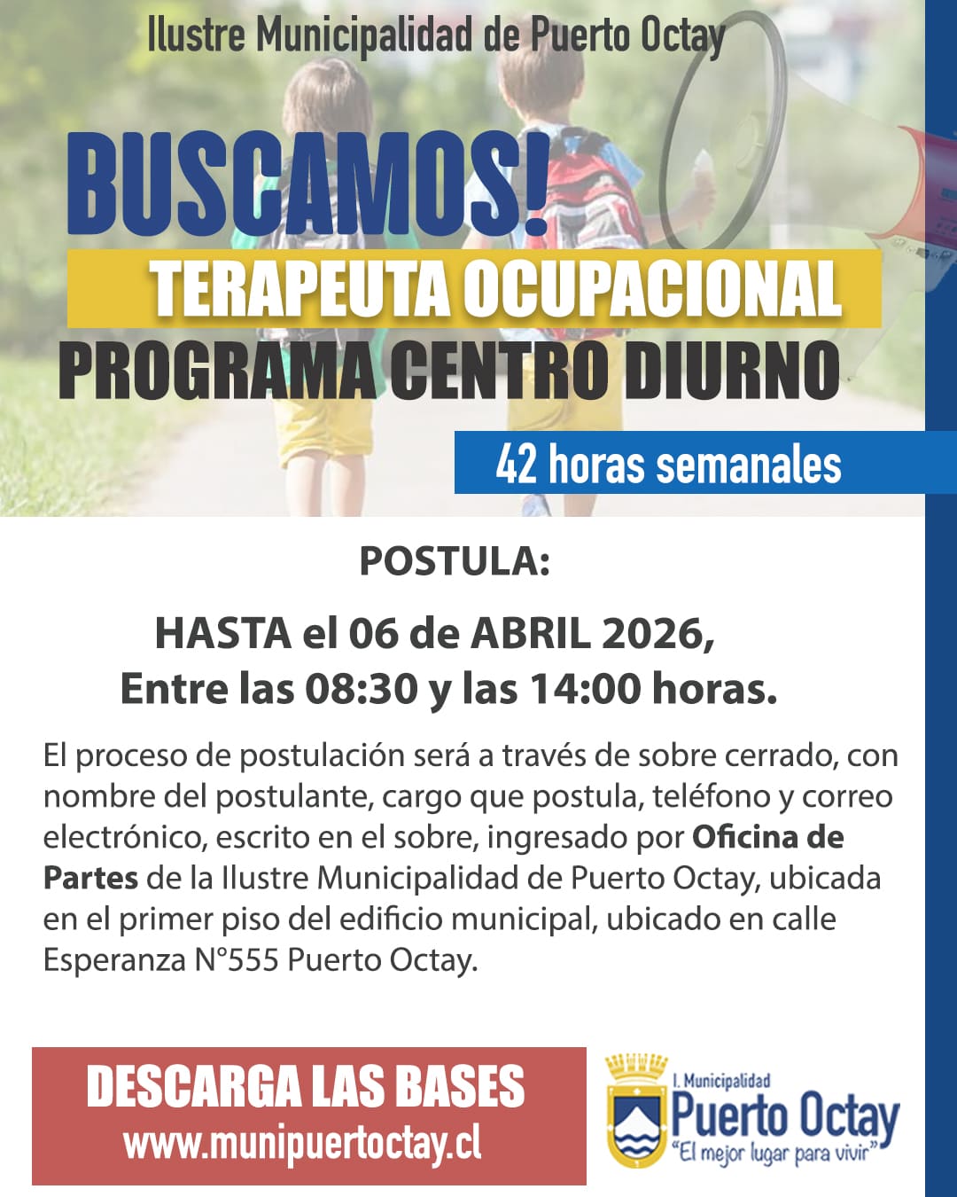 Afiche: se busca terapeuta ocupacional para el Programa Centro Diurno, 42 horas semanales.