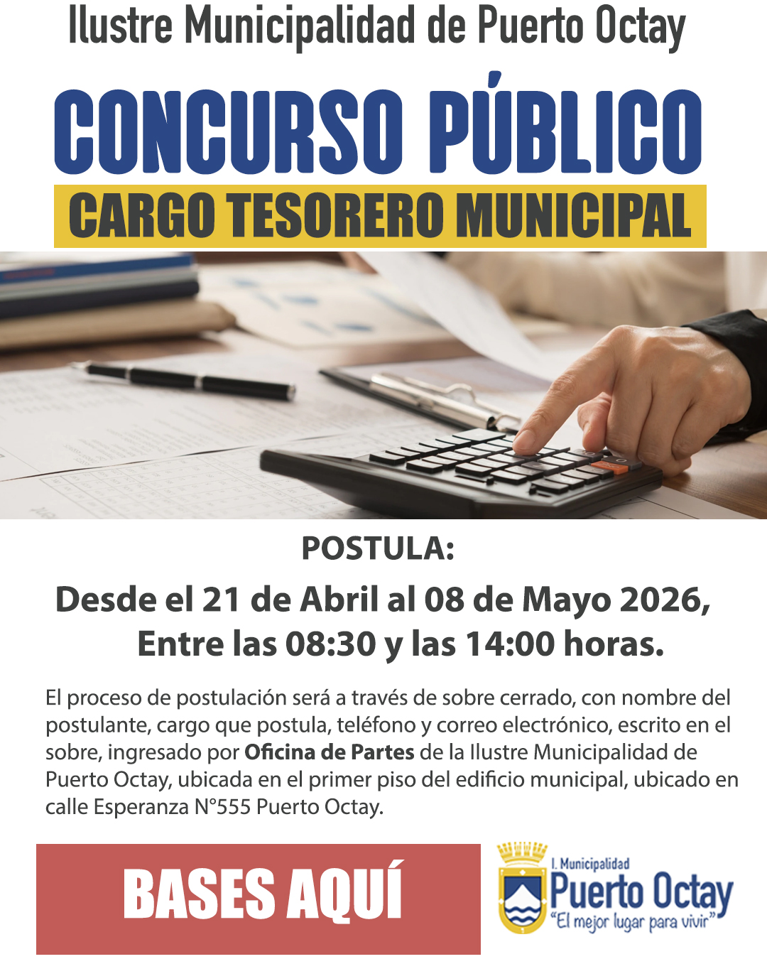 Afiche: Concurso público para el cargo de Tesorero Municipal, postulaciones del 21 de abril al 8 de mayo de 2026.